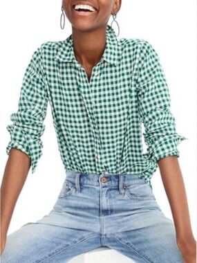 J Crew Green Gingham Button-Up Shirt - Classic Women's Top Women 8